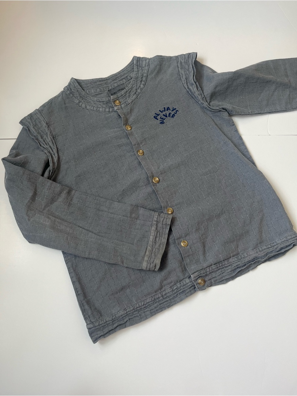 Bobo Choses Gray Button-Front Long Sleeve Top with Navy 'Always New' Embroidery
